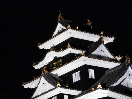 ライトアップされた岡山城天守閣 ライトアップされた岡山城天守閣の写真