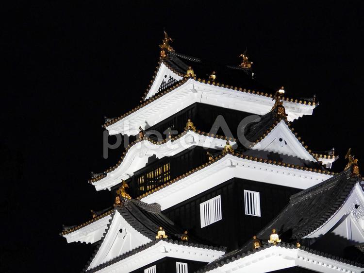 ライトアップされた岡山城天守閣 岡山城,ライトアップ,夜の写真素材