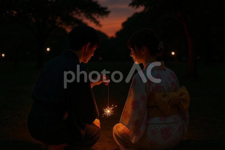 線香花火を見つめる浴衣のカップルの後ろ姿 浴衣,線香花火,カップルの写真素材