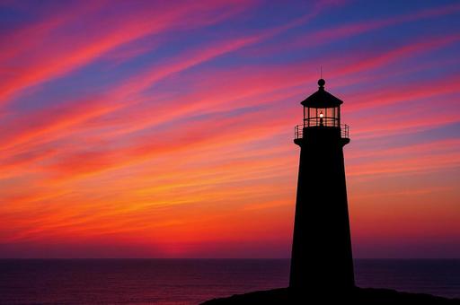 燃えるような夕焼けに浮かぶ灯台シルエットの写真