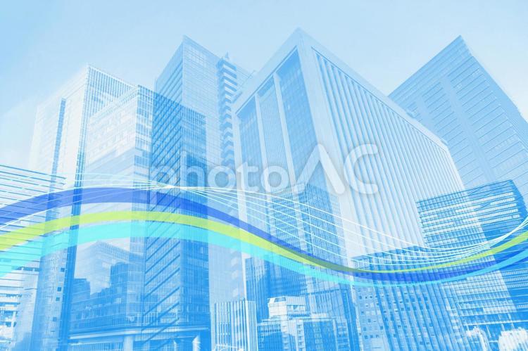 青いビジネス街と流線形ウェーブ抽象背景素材 ビジネス,背景,テクノロジーの写真素材
