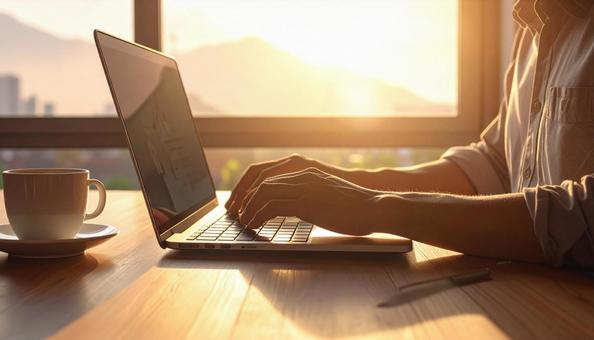 ノートパソコンで作業する手元 ノートパソコンで作業する手元の写真