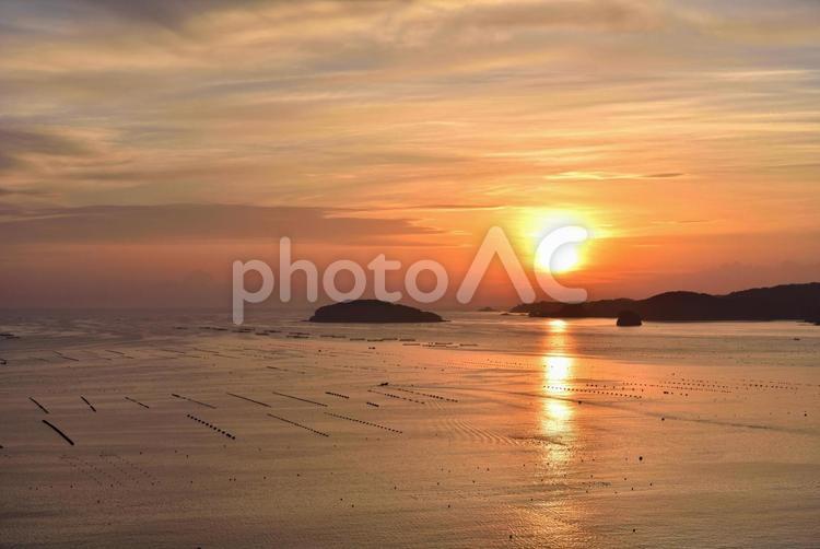 牡蠣棚並ぶ海に朝日 朝日,朝焼け,牡蠣棚の写真素材
