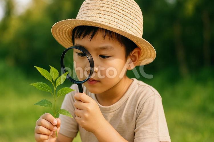 夏休みに虫眼鏡で自由研究をする子供 夏休み,自由研究,虫眼鏡の写真素材