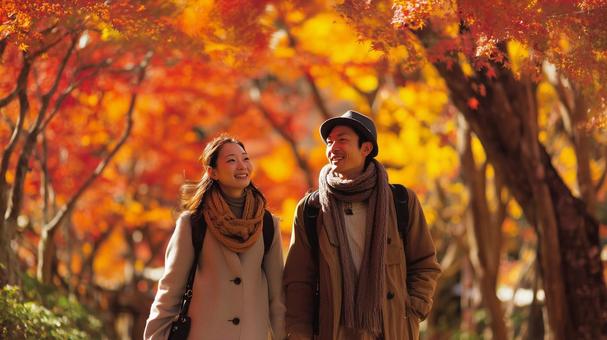 紅葉デートを楽しむカップル 紅葉デートを楽しむカップルの写真