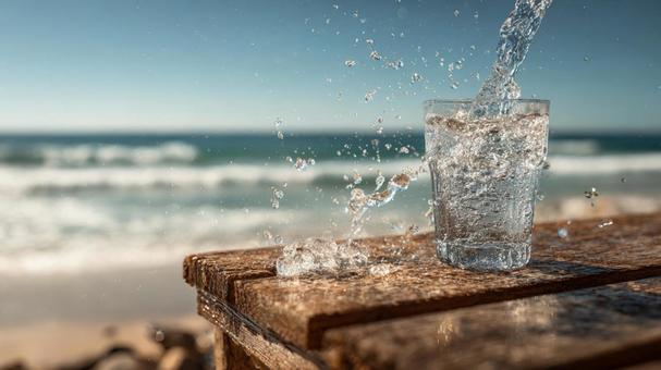 夏の日にぴったりな氷水と海の風景の写真