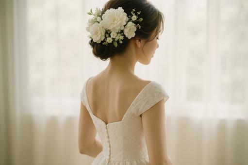 白いドレスと花のヘッドパーツ 白いドレスと花のヘッドパーツの写真