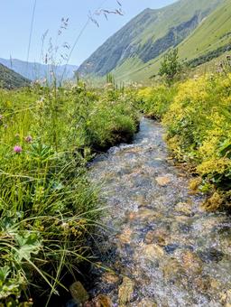 シュハラ氷河トレッキングコース トレッキング,ウシュグリ村,スヴァネティ地方の写真素材
