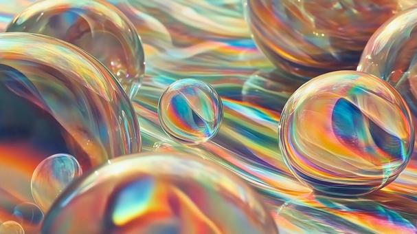 虹色に輝く液体マーブルと球体の抽象背景 虹色に輝く液体マーブルと球体の抽象背景の写真
