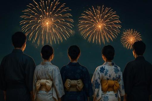 並んで花火を見上げる男女グループ 並んで花火を見上げる男女グループの写真