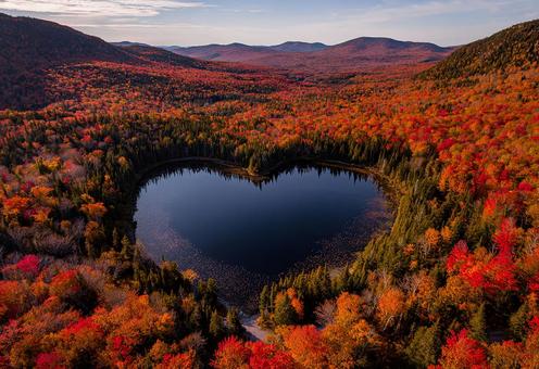 紅葉に囲まれたハートの湖 紅葉に囲まれたハートの湖の写真