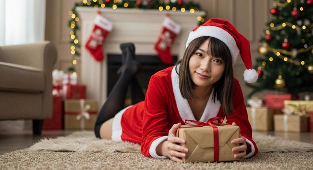 クリスマスプレゼントを渡す女性 クリスマスプレゼントを渡す女性の写真