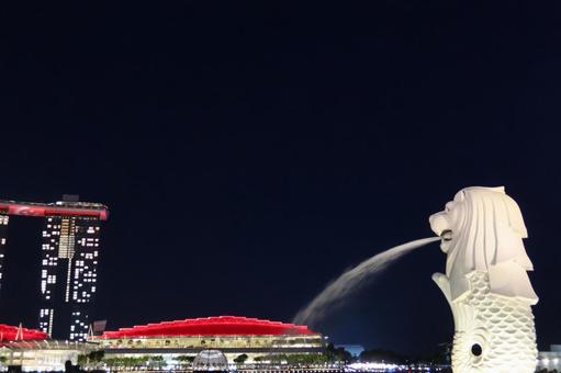 夜のマーライオン(横向き) 夜のマーライオン(横向き) シンガポール,マリーナ,マーライオンの写真素材
