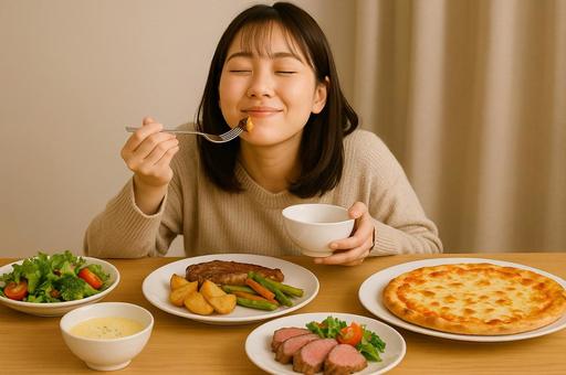 食欲の秋を満喫中の女性 食欲の秋を満喫中の女性の写真