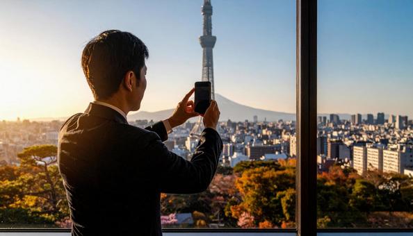 都市背景に携帯画面を見ているビジネスマン 都市背景に携帯画面を見ているビジネスマンの写真