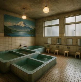 富士山壁画と浴槽がある昔ながらの浴室 富士山壁画と浴槽がある昔ながらの浴室の写真