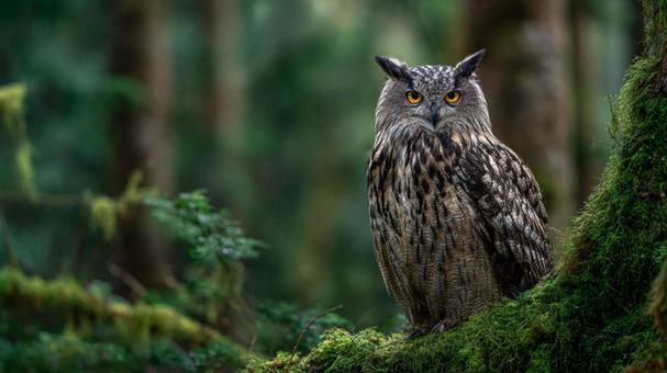 苔むした枝にとまるフクロウのポートレート 苔むした枝にとまるフクロウのポートレートの写真