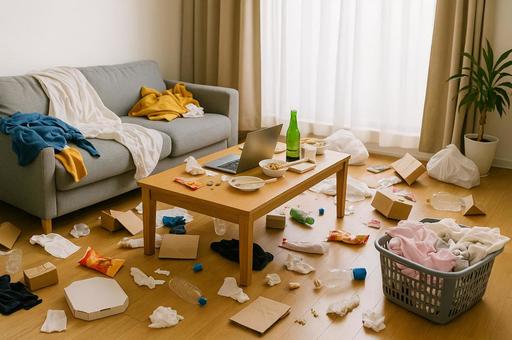 散らかった部屋の片付けの写真