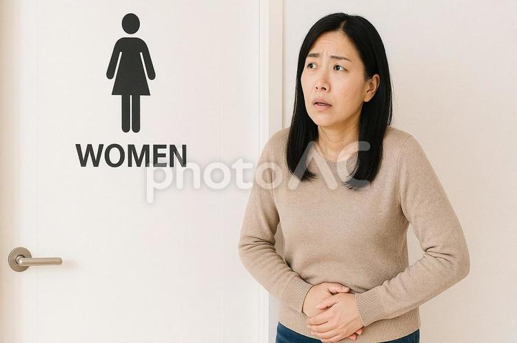 トイレ前で腹痛に耐える女性・我慢・下痢 腹痛,我慢,女性の写真素材