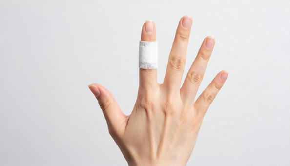 包帯で手当てをした女性の指 包帯で手当てをした女性の指の写真
