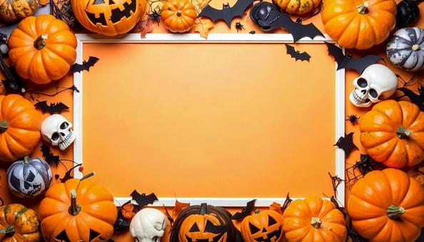 ハロウィンの飾りのフレーム オレンジ背景 ハロウィンの飾りのフレーム オレンジ背景の写真