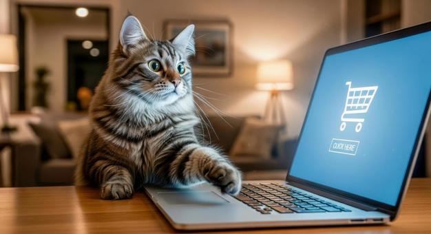 猫がパソコンでオンラインショッピング 猫がパソコンでオンラインショッピングの写真