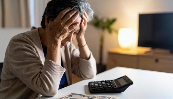 電卓を前に頭を抱える高齢女性 電卓を前に頭を抱える高齢女性の写真