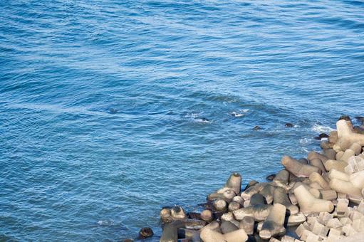 青い海と積み上げられたテトラポッド 海,海岸,海辺の写真素材