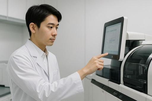 自動分析機を操作する技師 自動分析機を操作する技師の写真