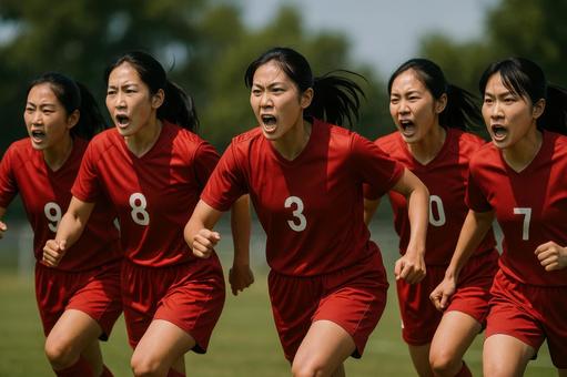 試合開始のホイッスルを迎える女子選手たち 試合開始のホイッスルを迎える女子選手たちの写真