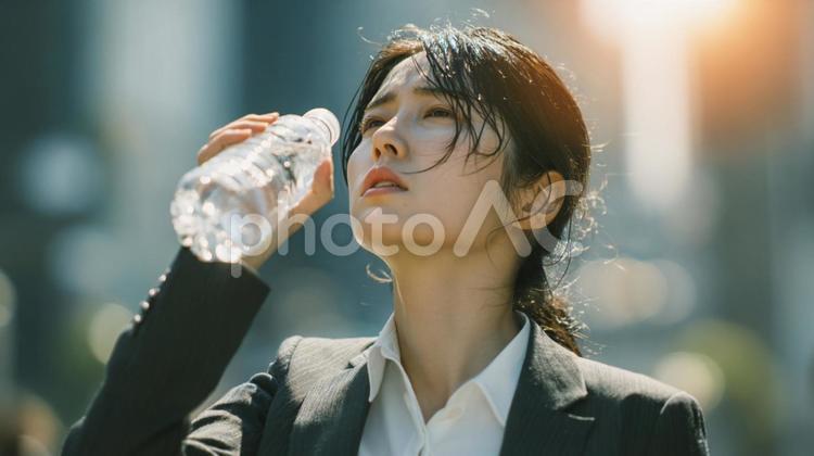 都会のオアシス：ペットボトルで水分補給 女性,日本人,若者の写真素材
