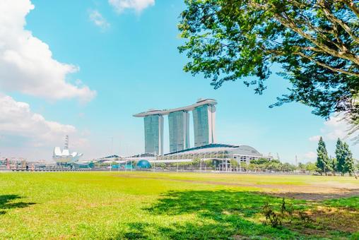 【シンガポール】緑とマリーナベイサンズ シンガポール,マリーナベイサンズ,ビルの写真素材