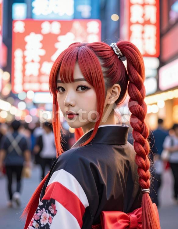 電気街で振り向く、憂鬱な赤のコスプレ彼女 女性,コスプレイヤー,憂鬱の写真素材