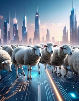 未年フォト・未来都市に羊の群の写真