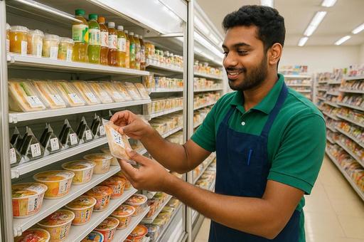 商品を棚に並べている外国人コンビニ店員 商品を棚に並べている外国人コンビニ店員の写真