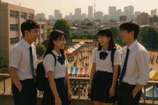 屋上から文化祭を眺める高校生 屋上から文化祭を眺める高校生の写真