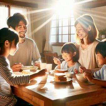 幸せな家族のダイニング風景の写真