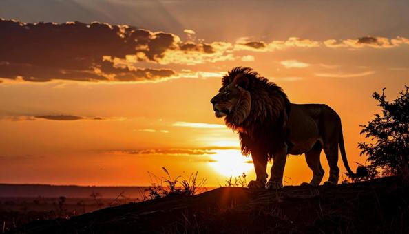 夕陽とライオンの写真