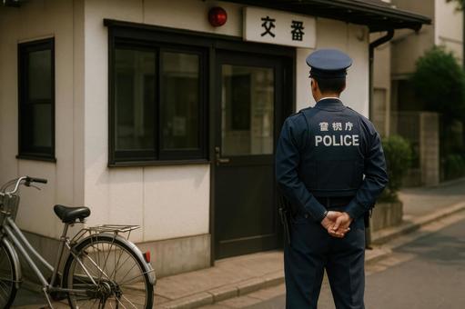 交番前で立つ警察官 交番前で立つ警察官の写真