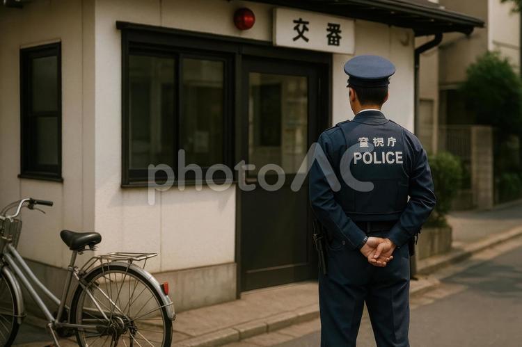 交番前で立つ警察官 警察官,交番,日本の写真素材