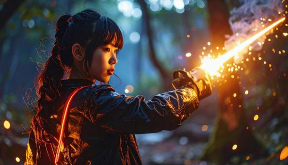 火花を散らし輝く剣を抜いた少女 火花を散らし輝く剣を抜いた少女の写真