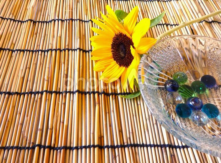 夏　ビー玉　ひまわり　簾 すだれ,夏,季節の写真素材