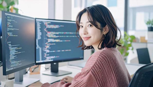 プログラミングをする女性エンジニア プログラミングをする女性エンジニアの写真