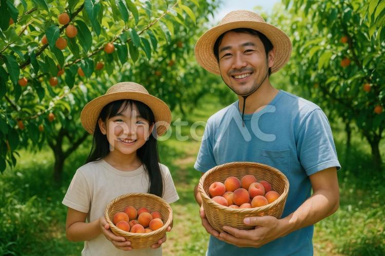 農園でフルーツ摘みをする親子 日本人,親子,夏休みの写真素材