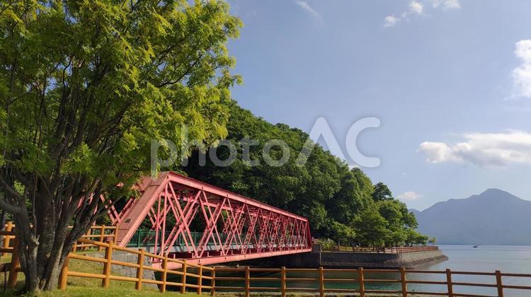 湖畔の赤い橋と木々 自然,橋,湖畔の写真素材