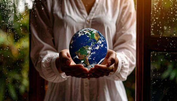 愛情　両手に地球を持つ女性の手　白い服の写真