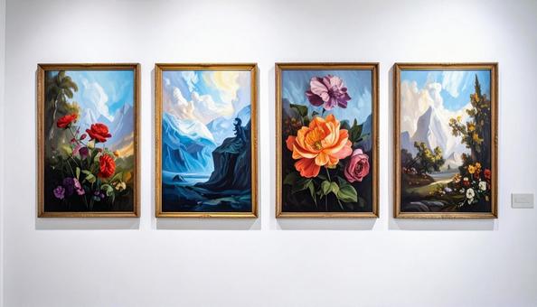 白い壁に4枚の油絵 白い壁に4枚の油絵の写真