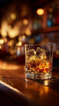 Whiskey and ice illuminated by warm lighting, whisky, glass, ice, JPG