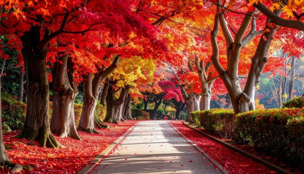 紅葉のアーチに包まれた美しい並木道 紅葉のアーチに包まれた美しい並木道の写真