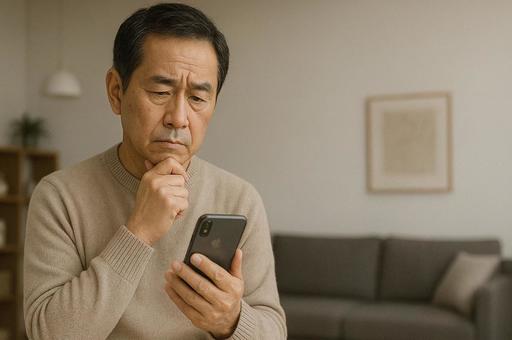スマホを見て悩む中年男性 スマホを見て悩む中年男性の写真